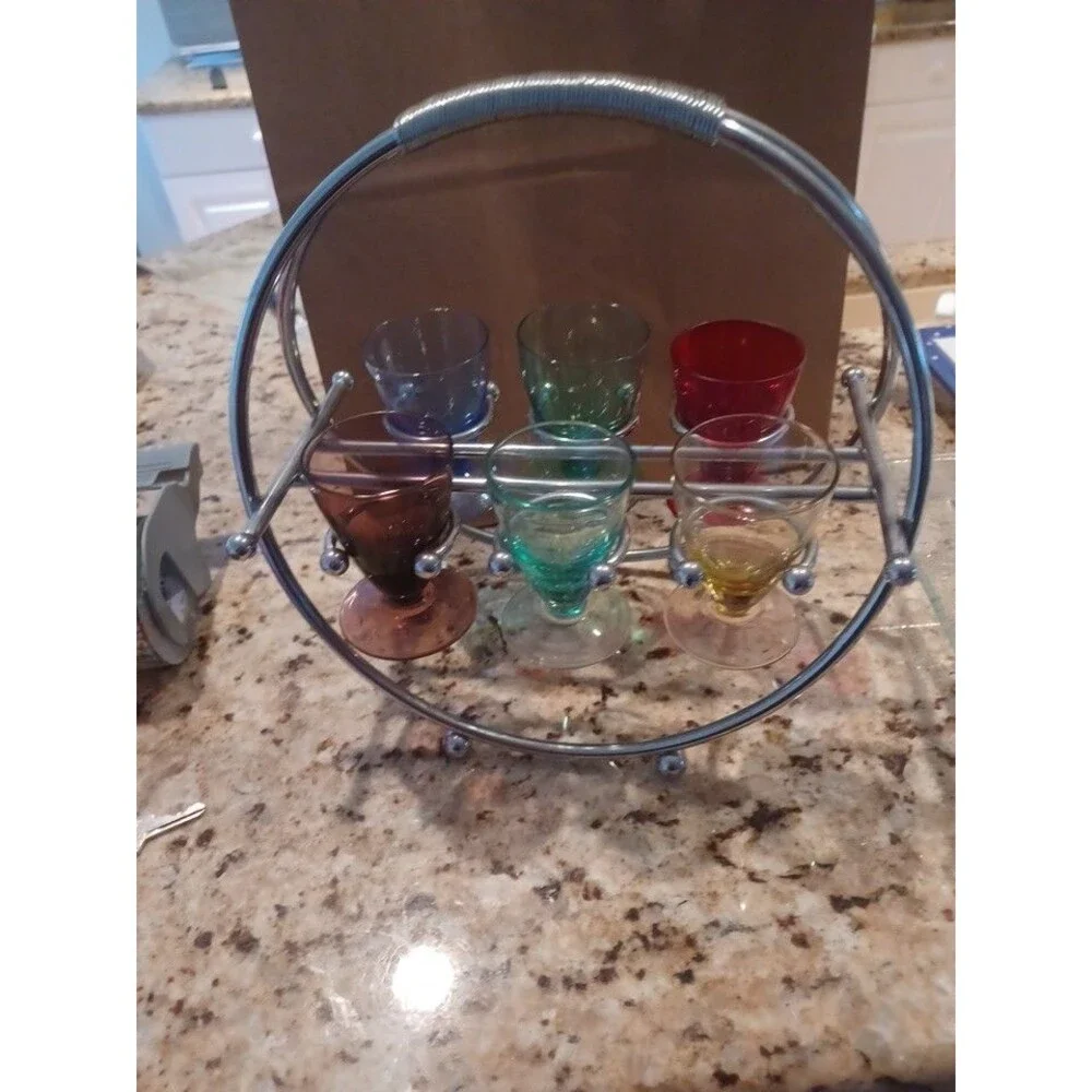 Vtg Mid-Century 6 Pc Colored Glass Cordial Glasses On A Modern Metal Stand